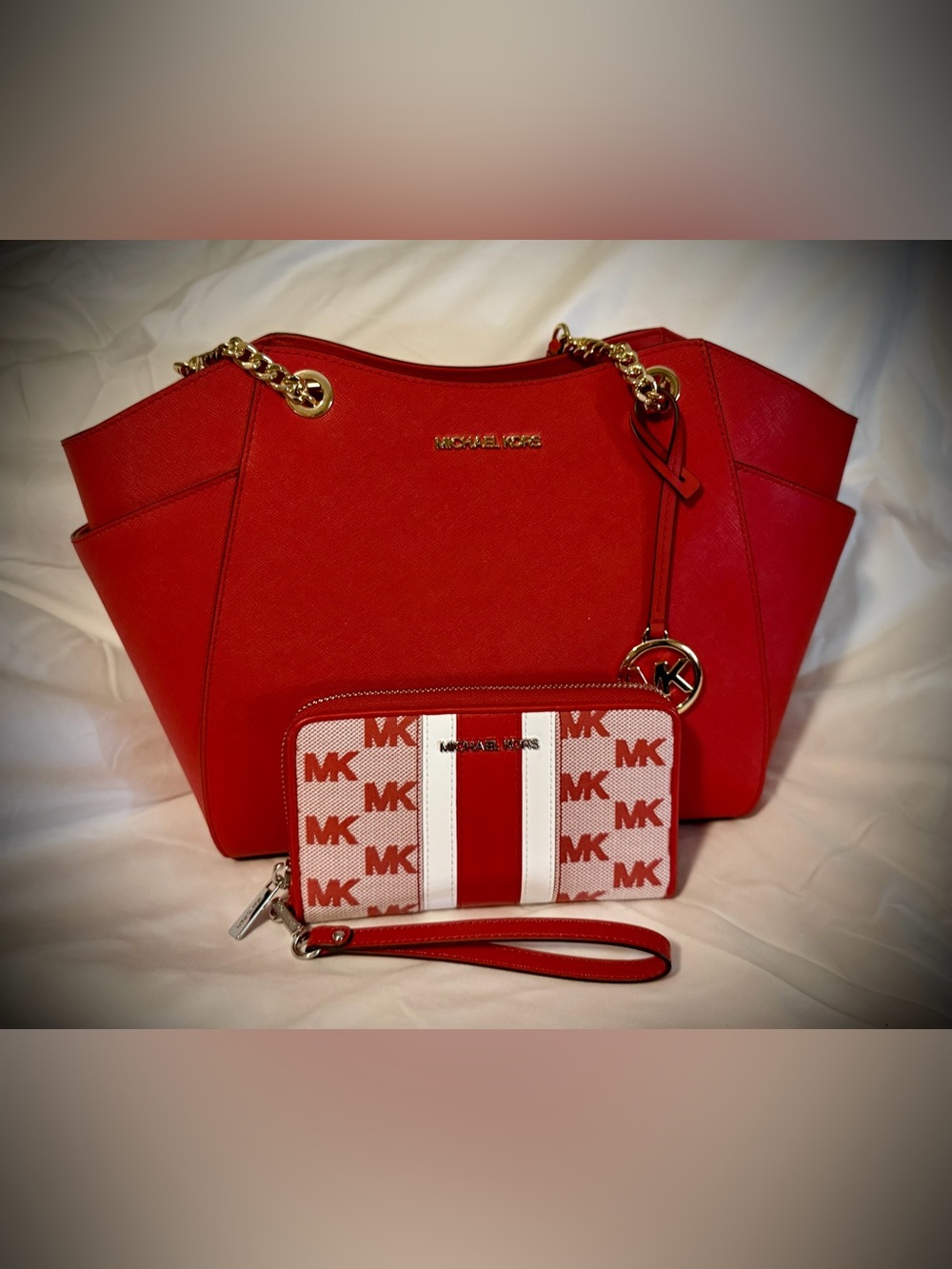 Michael Kors Red Saffiano Tote with Matching MK Wrist Wallet